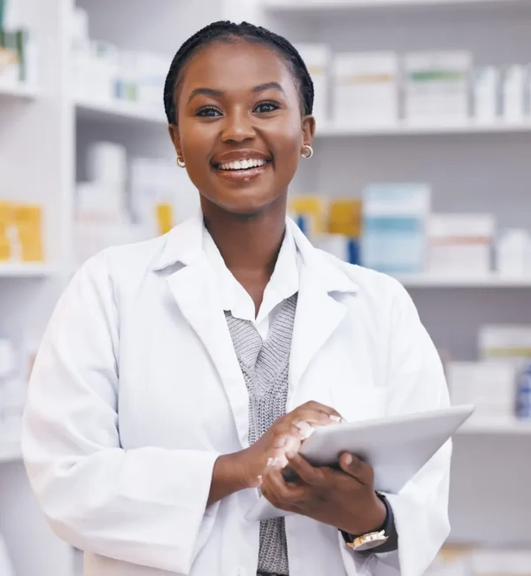 Portrait of black woman in pharmacy with tablet, smile and online inventory list for medicine on sh.